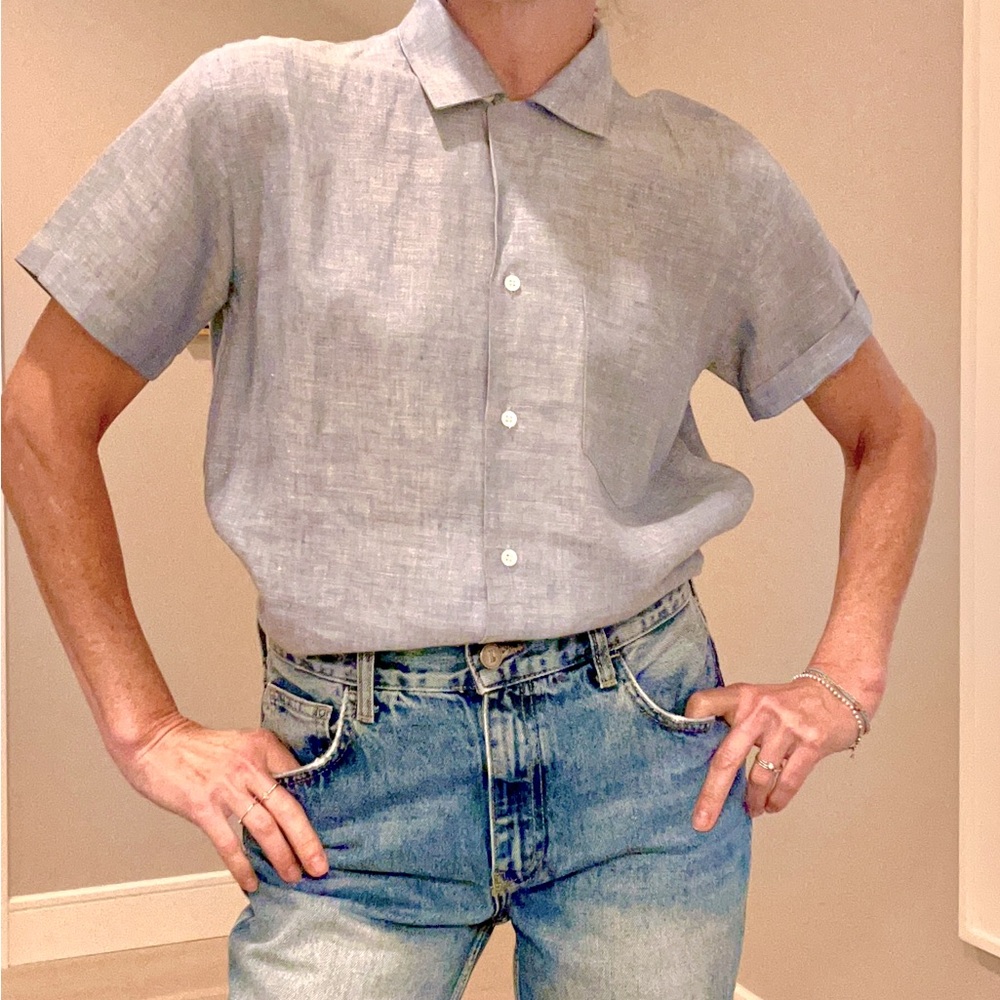 British Khaki 100% Linen Button Front Chambray Short Sleeve Shirt